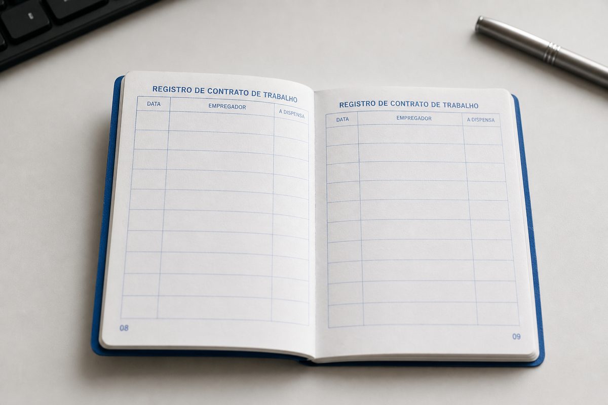Carteira de trabalho aberta na página de registro de contrato, completamente em branco — sem assinatura do empregador